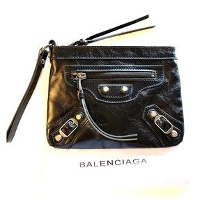 Balenciaga black leather wristlet